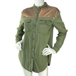 Anthropologie Womens Size 2 Cargo Shirt Sequin Top Band Collar Long Sleeve Green